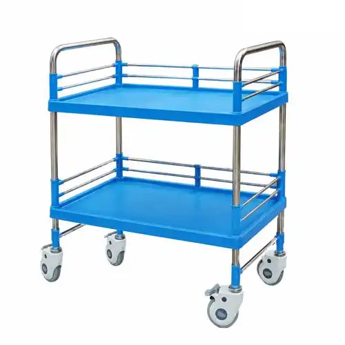 Blue Stainless Steel Instrument Trolley with 2 ABS Shelves & Castor Wheels