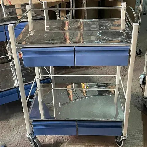 Medicine Trolley with 4 Drawers, Dual Shelves & Lockable Swivel Castors